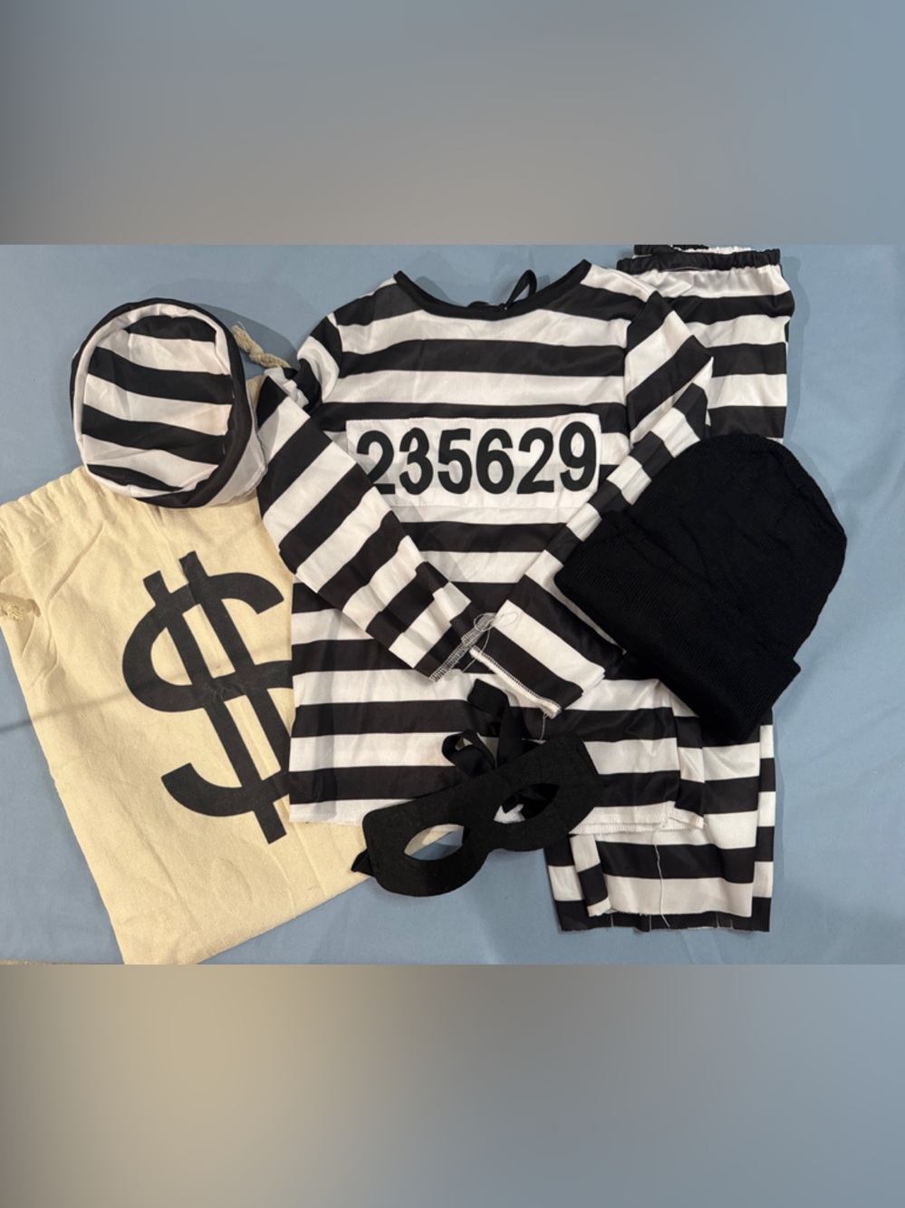 Striped Black & White robber/Prison Costume Set with Money Bag